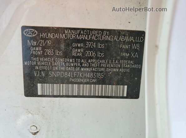 5NPD84LF7KH483185 2019 HYUNDAI ELANTRA Белый Вид наклейки с VIN-кодом