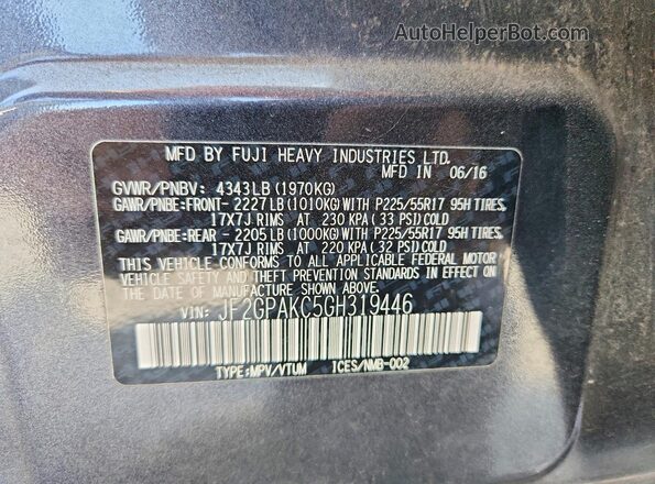 JF2GPAKC5GH319446 2016 SUBARU CROSSTREK Charcoal 