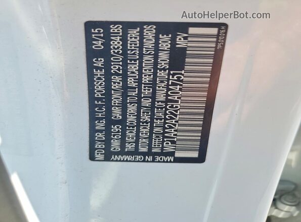 WP1AA2A22GLA04751 2016 PORSCHE CAYENNE White Vista de la etiqueta del VIN