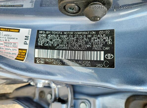 JTDS4MCE1N3506227 2022 TOYOTA COROLLA Gray VIN sticker view