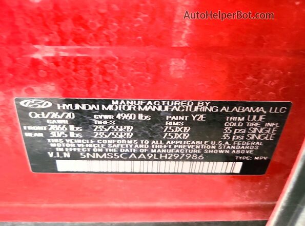 5NMS5CAA9LH297986 2020 HYUNDAI SANTA Red 360 interior view
