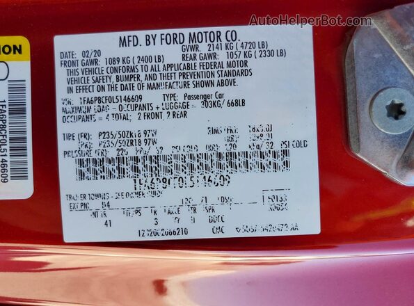 1FA6P8CF0L5146609 2020 FORD MUSTANG Red VIN კოდის სტიკერის ხედი