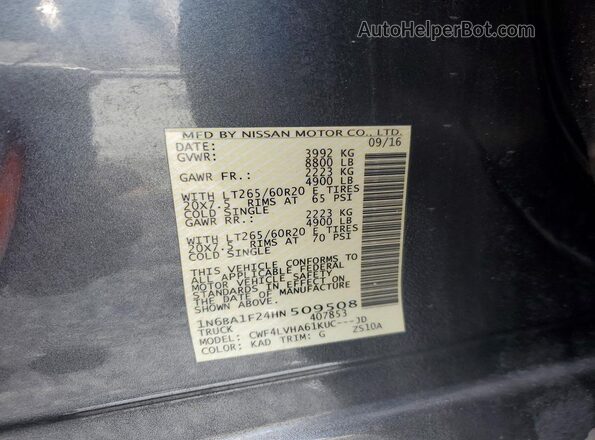 1N6BA1F24HN509508 2017 NISSAN TITAN Gray Vista de la etiqueta del VIN