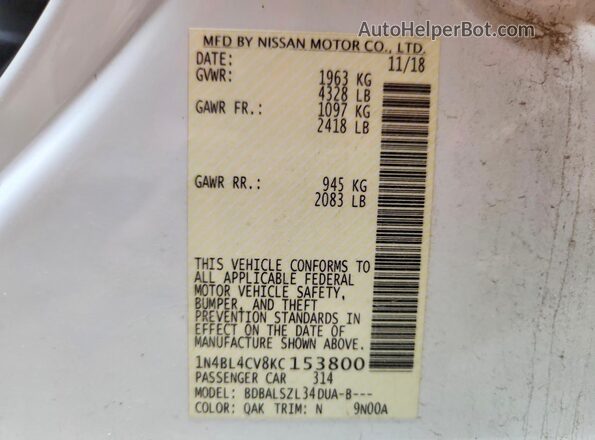 1N4BL4CV8KC153800 2019 NISSAN ALTIMA Белый Вид наклейки с VIN-кодом
