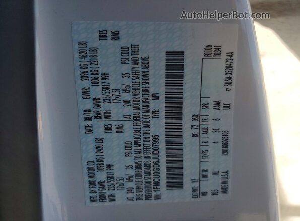 1FMCU0GD6JUD07995 2018 FORD ESCAPE White VIN კოდის სტიკერის ხედი