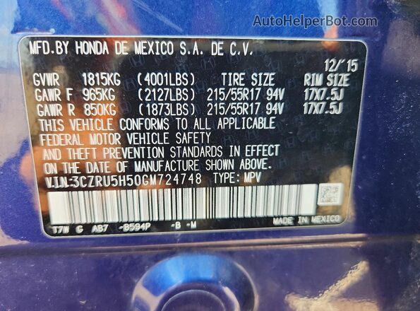 3CZRU5H50GM724748 2016 HONDA HR-V Blue Widok wnętrza 360 stopni
