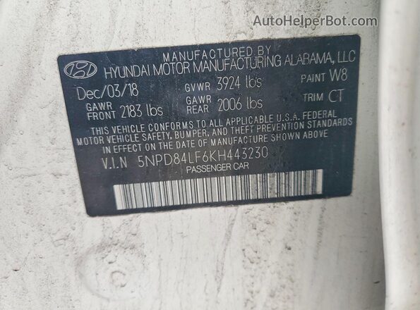 5NPD84LF6KH443230 2019 HYUNDAI ELANTRA White სალონის 360-გრადუსიანი ხედი