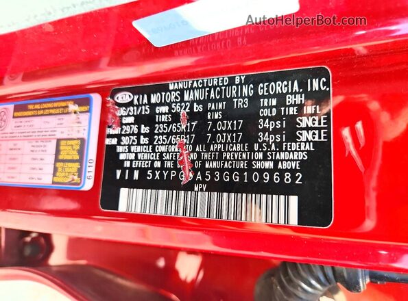 5XYPGDA53GG109682 2016 KIA SORENTO Red Widok wnętrza 360 stopni