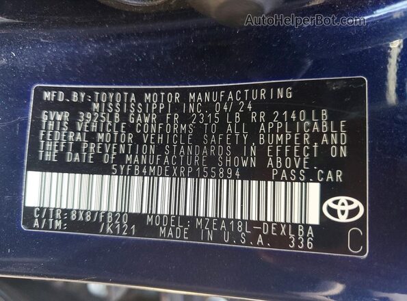 5YFB4MDEXRP155894 2024 TOYOTA COROLLA Blue Вид наклейки з VIN-кодом