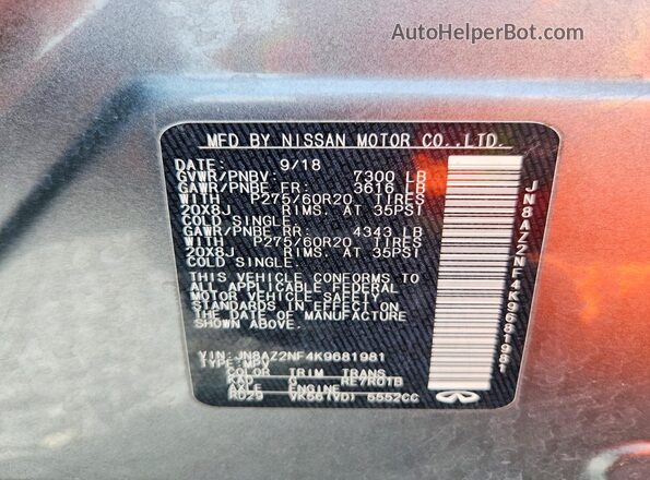 JN8AZ2NF4K9681981 2019 INFINITI QX80 Gray Widok wnętrza 360 stopni