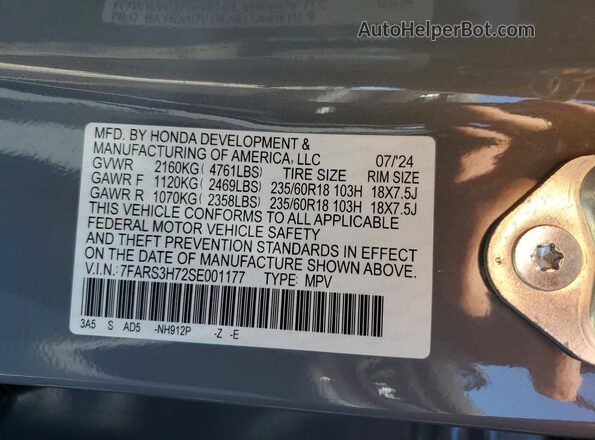 7FARS3H72SE001177 2025 HONDA CR-V Gray VIN կոդի պիտակի տեսք