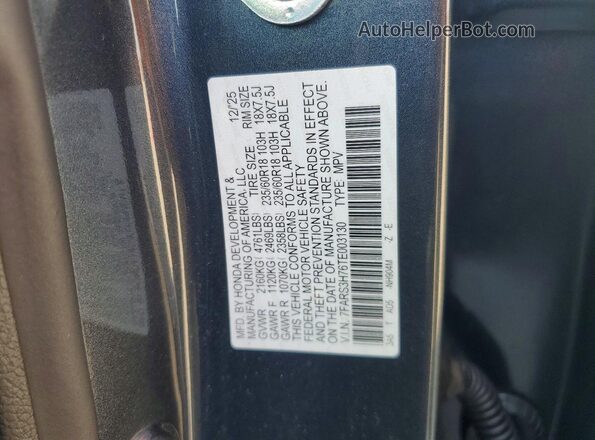 7FARS3H76TE003130 2026 HONDA CR-V Gray Вид наклейки з VIN-кодом