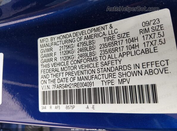 7FARS4H21RE004091 2024 HONDA CR-V Blue ძრავის განყოფილების ხედი