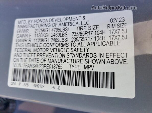 7FARS4H23PE018765 2023 HONDA CR-V Gray Widok naklejki z numerem VIN