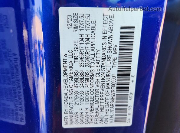 7FARS4H27RE009991 2024 HONDA CR-V Синий Панорамный вид салона 360°