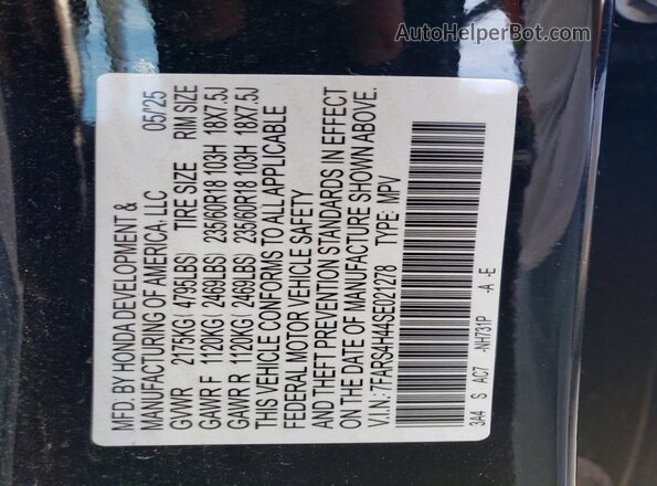 7FARS4H44SE021278 2025 HONDA CR-V Black Widok naklejki z numerem VIN