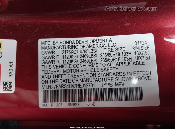 7FARS4H47RE012701 2024 HONDA CR-V Red ძრავის განყოფილების ხედი