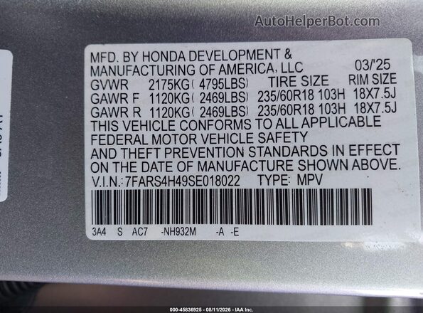 7FARS4H49SE018022 2025 HONDA CR-V Silver Вид підкапотного простору