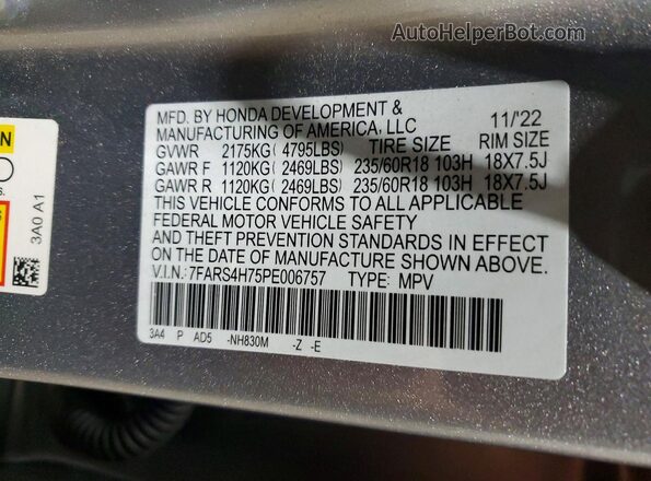 7FARS4H75PE006757 2023 HONDA CR-V Gray Вид наклейки з VIN-кодом