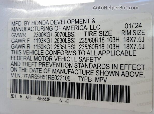 7FARS5H51RE022106 2024 HONDA CR-V White Вид наклейки з VIN-кодом