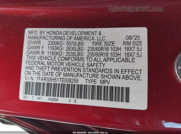 7FARS5H51TE008259 2026 HONDA CR-V Red ძრავის განყოფილების ხედი