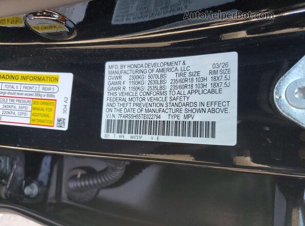 7FARS5H55TE022794 2026 HONDA CR-V Black Widok naklejki z numerem VIN