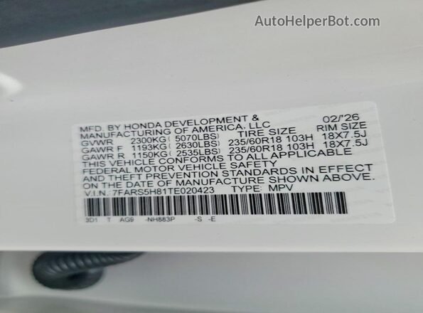 7FARS5H81TE020423 2026 HONDA CR-V White Widok naklejki z numerem VIN