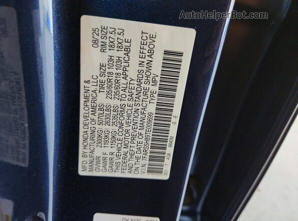 7FARS5H89TE009699 2026 HONDA CR-V Blue VIN կոդի պիտակի տեսք