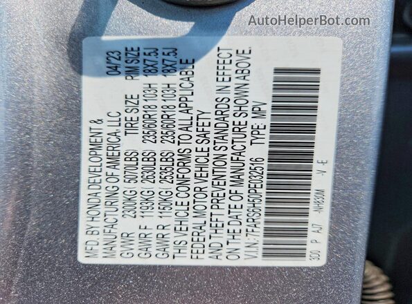 7FARS6H50PE032516 2023 HONDA CR-V Gray Вид наклейки з VIN-кодом