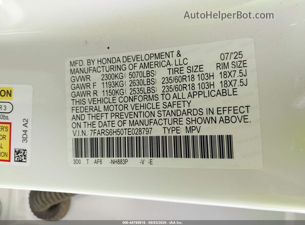 7FARS6H50TE028797 2026 HONDA CR-V White ძრავის განყოფილების ხედი