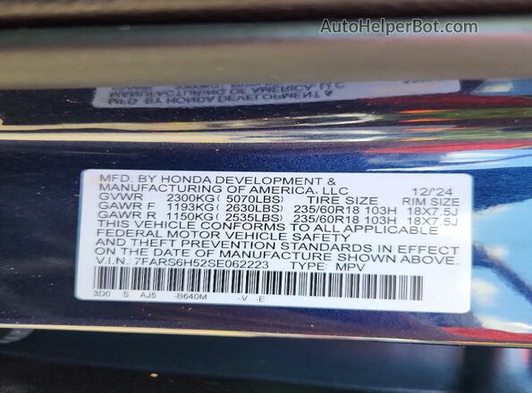 7FARS6H52SE062223 2025 HONDA CR-V Blue Widok naklejki z numerem VIN
