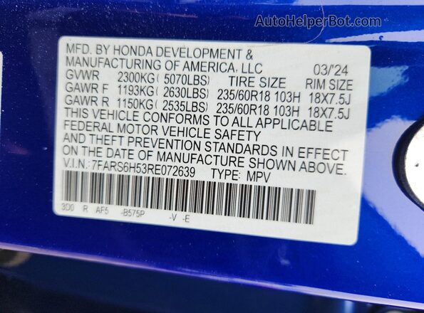 7FARS6H53RE072639 2024 HONDA CR-V Blue VIN კოდის სტიკერის ხედი