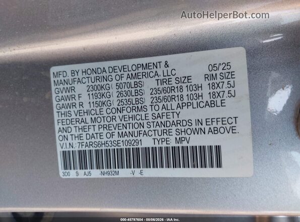 7FARS6H53SE109291 2025 HONDA CR-V Gray Շարժիչի բաժամունքի տեսք
