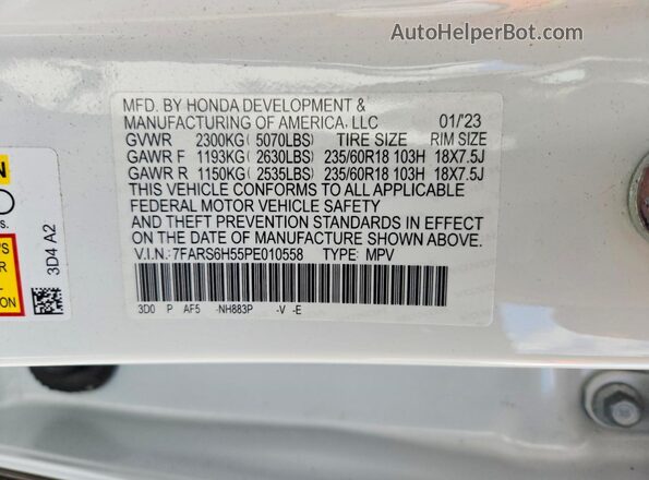 7FARS6H55PE010558 2023 HONDA CR-V White Вид наклейки з VIN-кодом