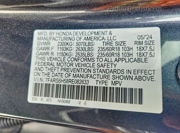 7FARS6H58RE082633 2024 HONDA CR-V Blue VIN კოდის სტიკერის ხედი