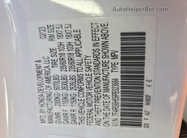 7FARS6H59PE023684 2023 HONDA CR-V White VIN კოდის სტიკერის ხედი