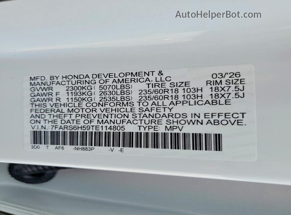 7FARS6H59TE114805 2026 HONDA CR-V White VIN sticker view