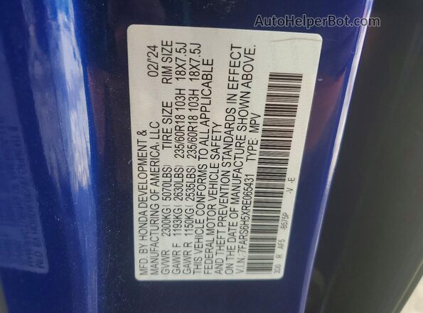 7FARS6H5XRE065431 2024 HONDA CR-V Blue Вид наклейки з VIN-кодом
