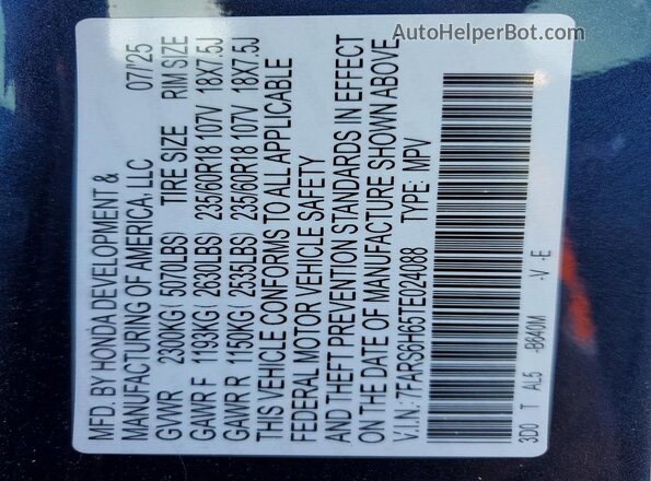 7FARS6H65TE024088 2026 HONDA CR-V Blue Widok naklejki z numerem VIN