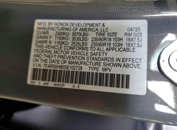 7FARS6H80SE102728 2025 HONDA CR-V Gray VIN sticker view