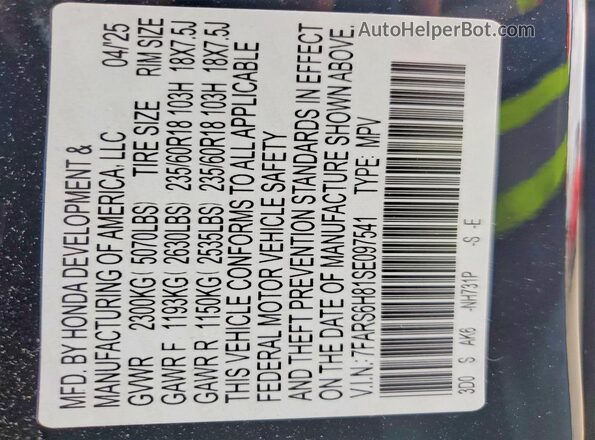 7FARS6H81SE097541 2025 HONDA CR-V Black Vista interior de 360 grados