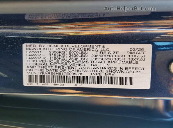 7FARS6H81TE095385 2026 HONDA CR-V Blue Vista de la etiqueta del VIN