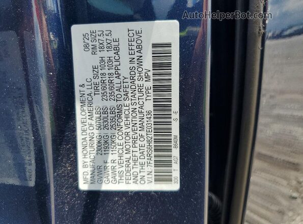 7FARS6H82TE031436 2026 HONDA CR-V Blue VIN კოდის სტიკერის ხედი