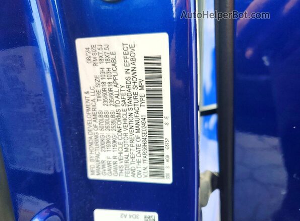 7FARS6H84SE024941 2025 HONDA CR-V Blue Панорамний вид салону 360°