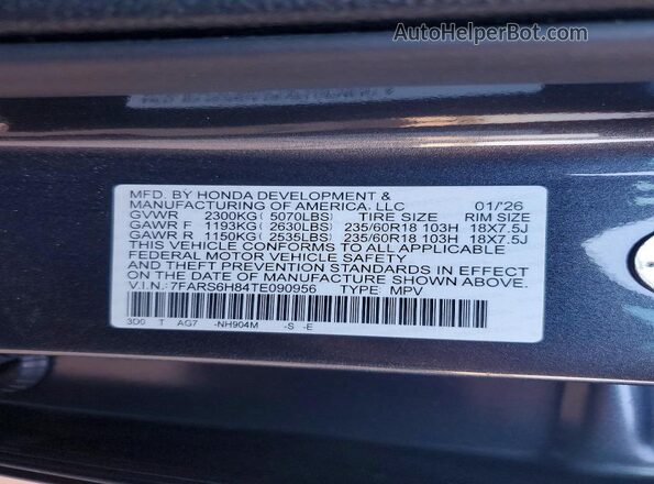 7FARS6H84TE090956 2026 HONDA CR-V Gray Вид наклейки з VIN-кодом