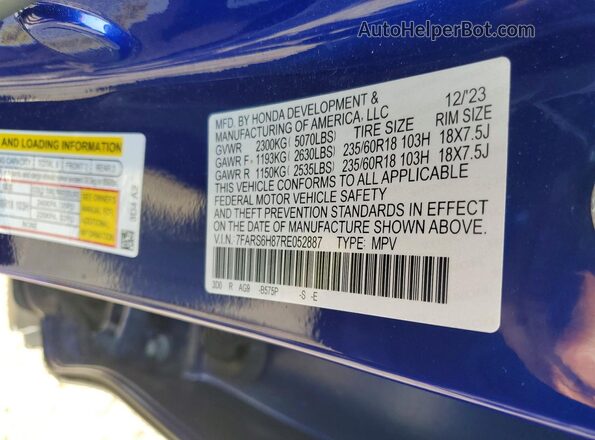 7FARS6H87RE052887 2024 HONDA CR-V Blue VIN კოდის სტიკერის ხედი