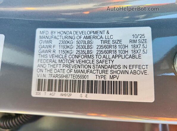7FARS6H87TE056901 2026 HONDA CR-V Gray VIN კოდის სტიკერის ხედი