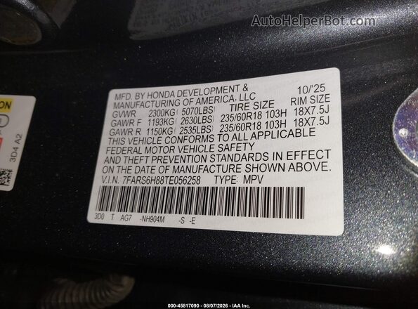 7FARS6H88TE056258 2026 HONDA CR-V Gray Շարժիչի բաժամունքի տեսք