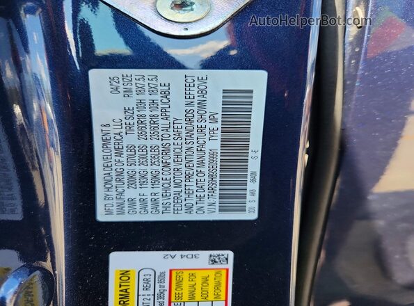7FARS6H89SE099991 2025 HONDA CR-V Blue VIN კოდის სტიკერის ხედი