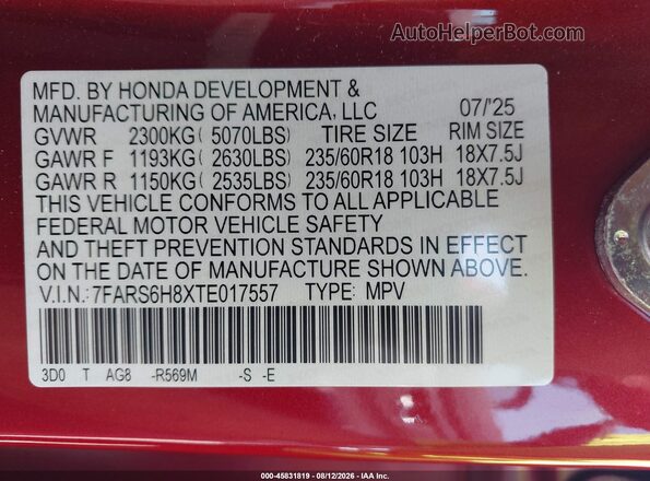 7FARS6H8XTE017557 2026 HONDA CR-V Red Engine compartment view